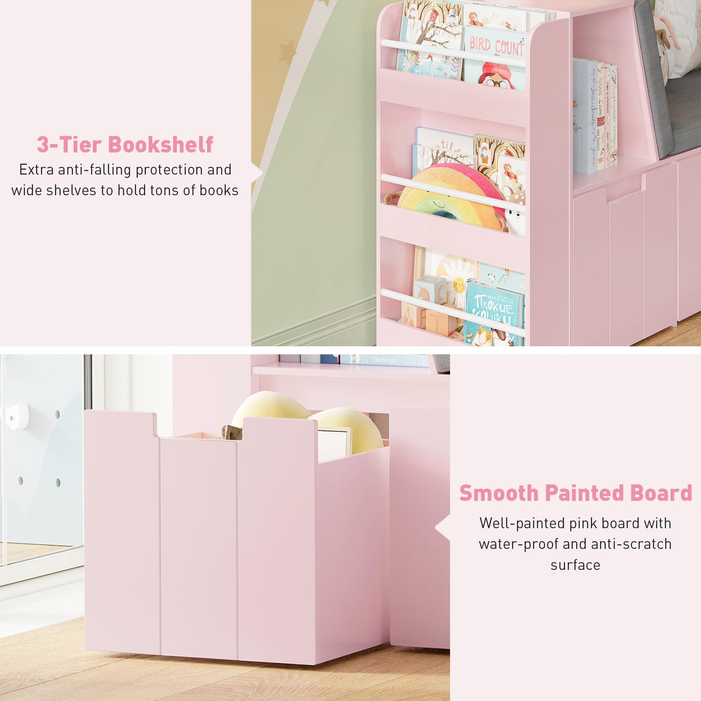 BOTLOG 61.5" Kids Reading Nook with 3-Layer Bookshelf, Reading Nook for Kids with Double Bench and Rolling Drawers, Bookshelf and Toy Storage for Nursery, Playroom, Pink