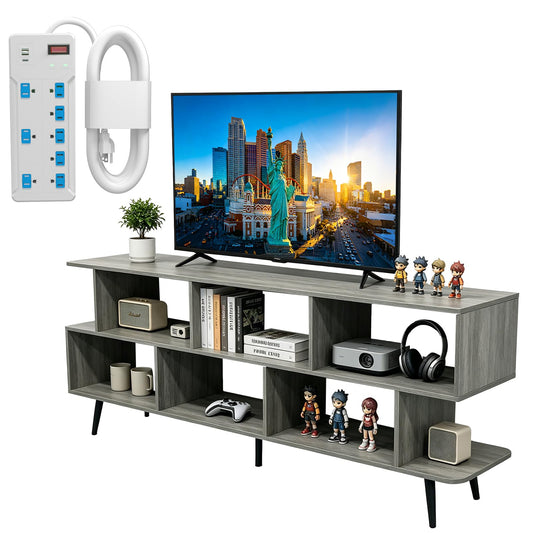 ACOHOOK 65" American Walnut TV Stand with Power Outlet,Large Media Console Table for TVs up to 75" with 8 Open Shelves,Entertainment Center for Living Room/Entrance/Kitchen/Sofa Cabinet,Easy Assembly