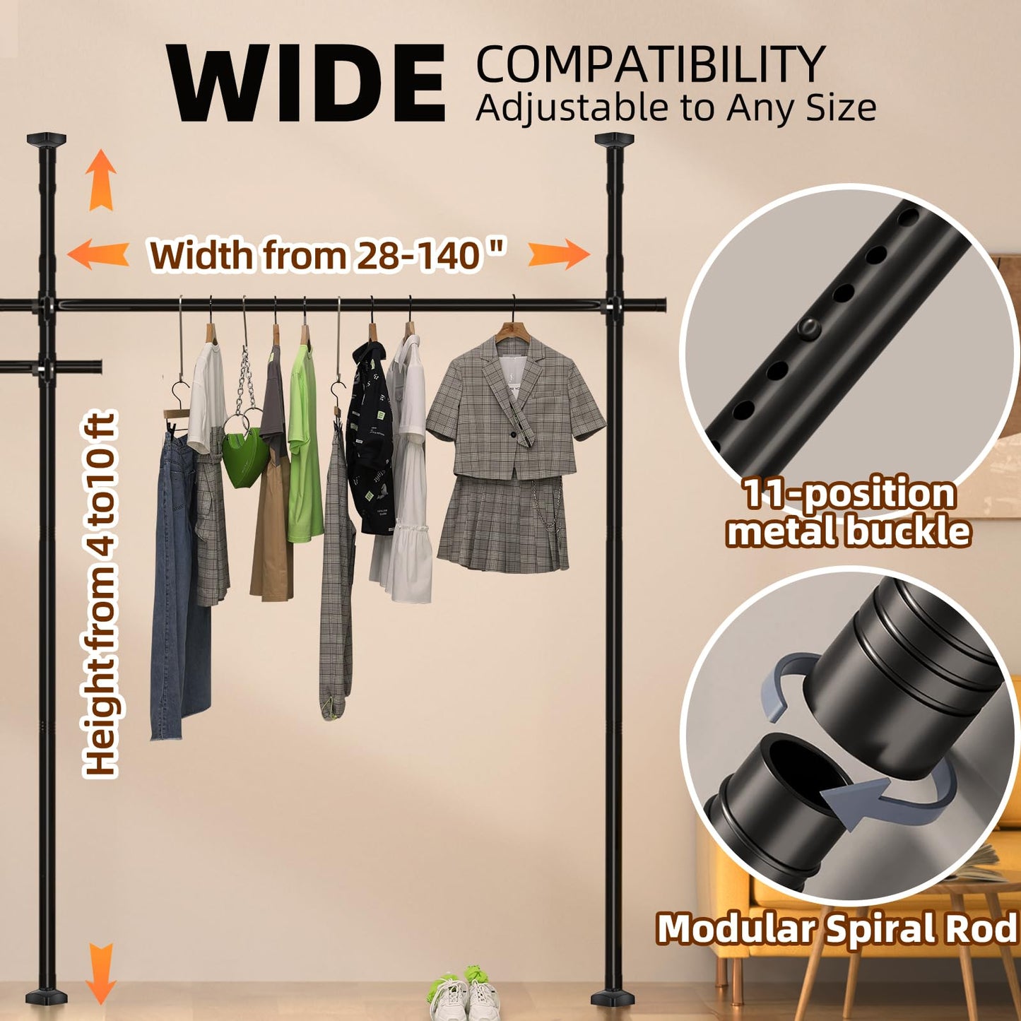 Room Divider, Tension Curtain Rod No Drilling,4-10ft(H) 28-140inch(W) Wall Divider for Room Separation, Heavy Duty Room Partition Separator, Adjustable Folding Privacy Screens,Black
