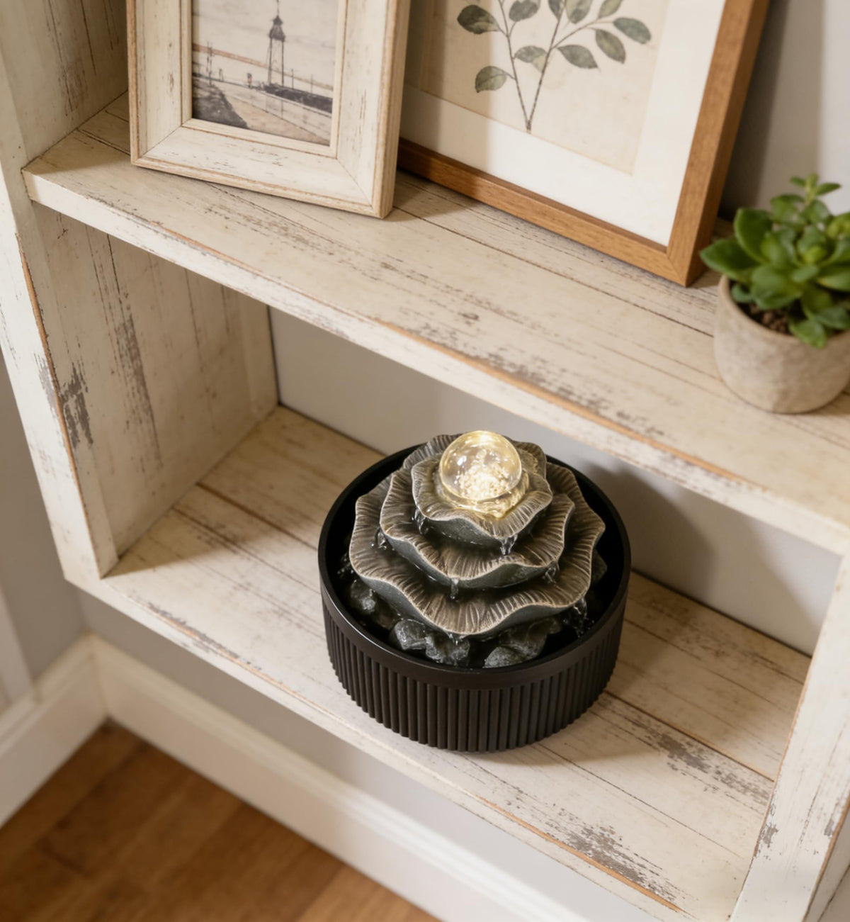 Indoor Tabletop Water Fountain - 3-Tier Lotus Leaf Design Waterfall with Warm Glowing LED & Rotating Ball, Zen Home Decor for Living Room Bedroom, Unique Housewarming Gift Idea