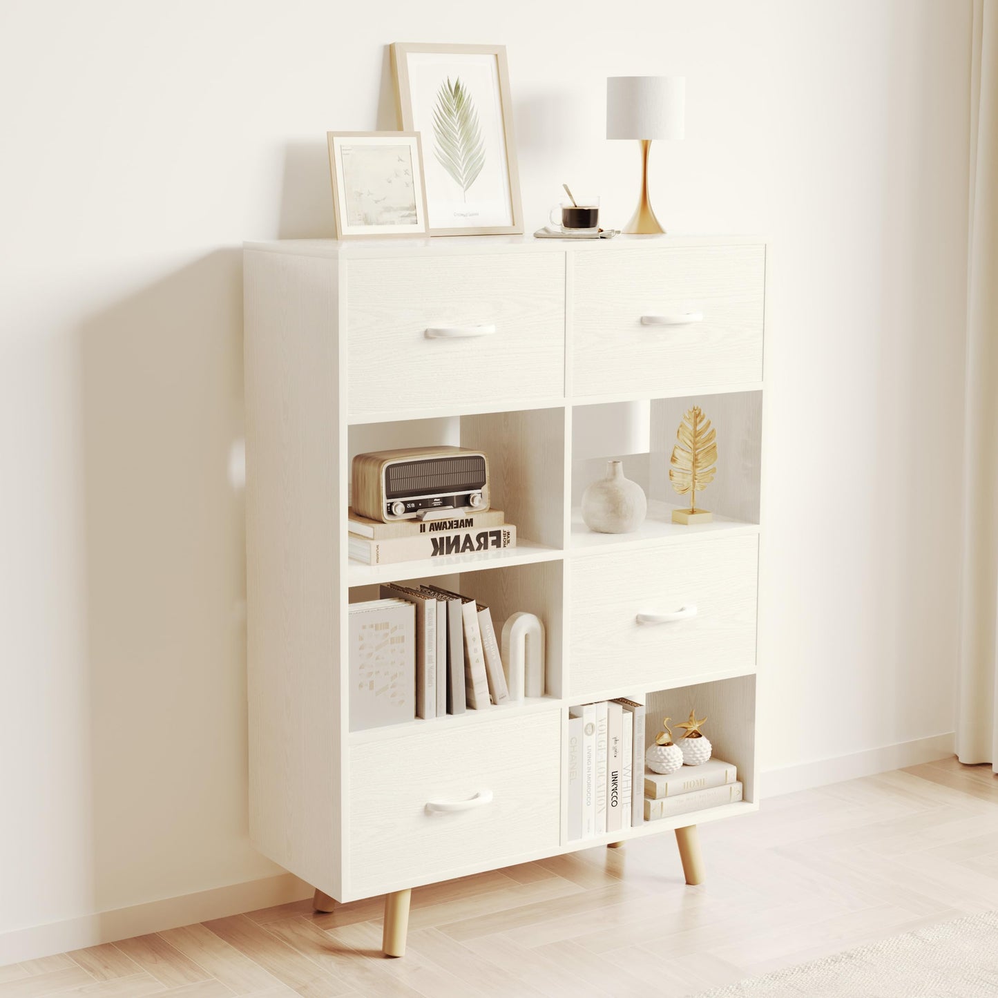 ELYUP Bookcase with Fabric Storage Bins - 8 Cube Organizer Display Bookshelf for Home Office, White