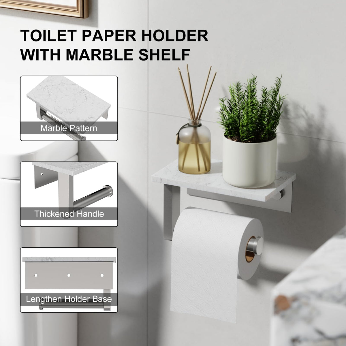 BATHLAVISH Toilet Paper Holder with Marble Shelf, 304 Stainless Steel Tissue Hand Holder Wall Mounted Toilet Paper Roll Hold with Phone Shelf for Bathroom Kitchen Washroom Bedroom, Brushed Nickel