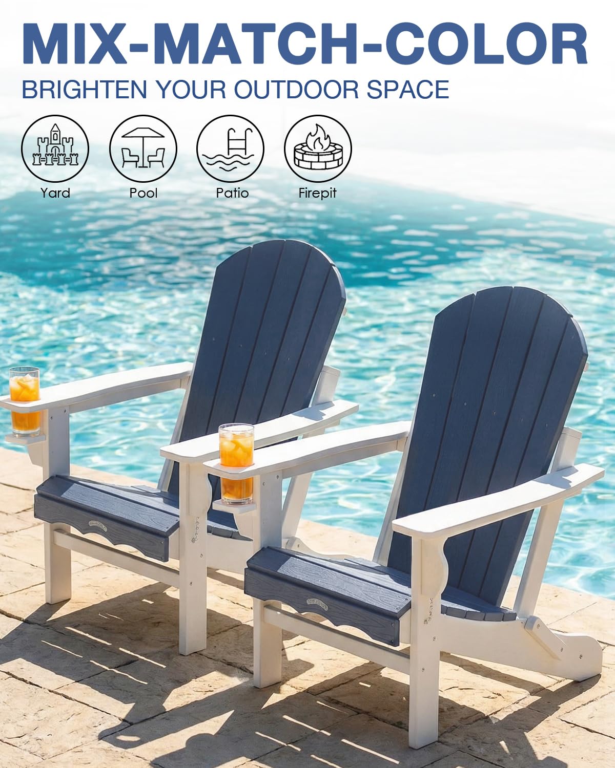 Folding Adirondack Chair –Recyclable HDPE Outdoor Adirondack Patio Chair with Cup Holder, Wood Texture & Umbrella Hole, 25-Year Fade-Free All Weather for Fire Pit, Porch, Poolside, Deck, Blue & White