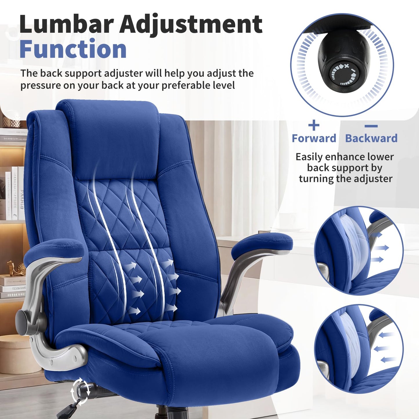 Fabric High Back Office Chair with Lockable Quiet Casters, Thick Padded Ergonomic Computer Chair- Adjustable Lumbar Support & Flip-Up Arms, Wide Executive Desk Chair for Back Pain, 400LBS Capacity