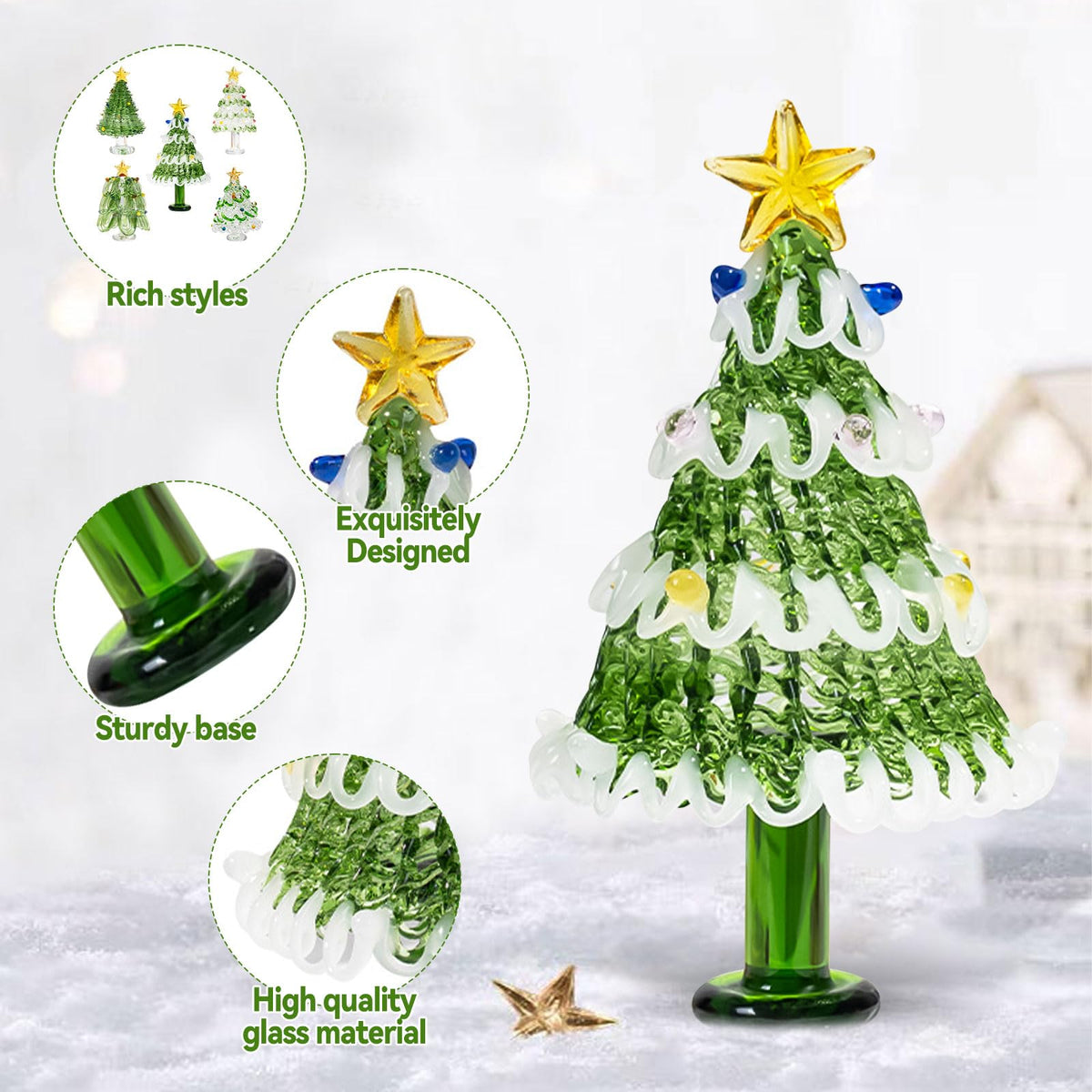 SYWAN Mini Crystal Christmas Tree Figurine Collection, Hand Blown Glass Tree Dollhouse Fairy Garden Miniature Small Winter Figurine for Xmas Party Tabletop Mantel Home Decorative Hanging Ornament