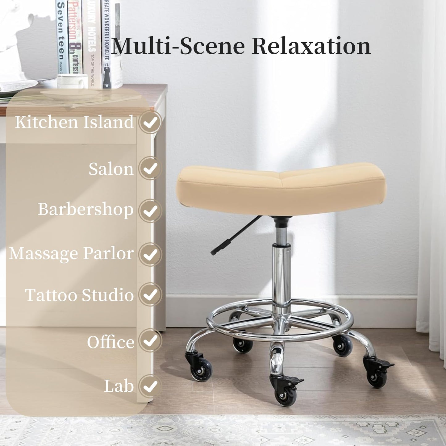 CoVibrant Heavy Duty Adjustable Rolling Stool with Wide Seat, Lockable Rubber Wheels & Footrest - Swivel Stool Chair for Kitchen, Lab, Office, Salon, Home (Cream, 24''-31'')