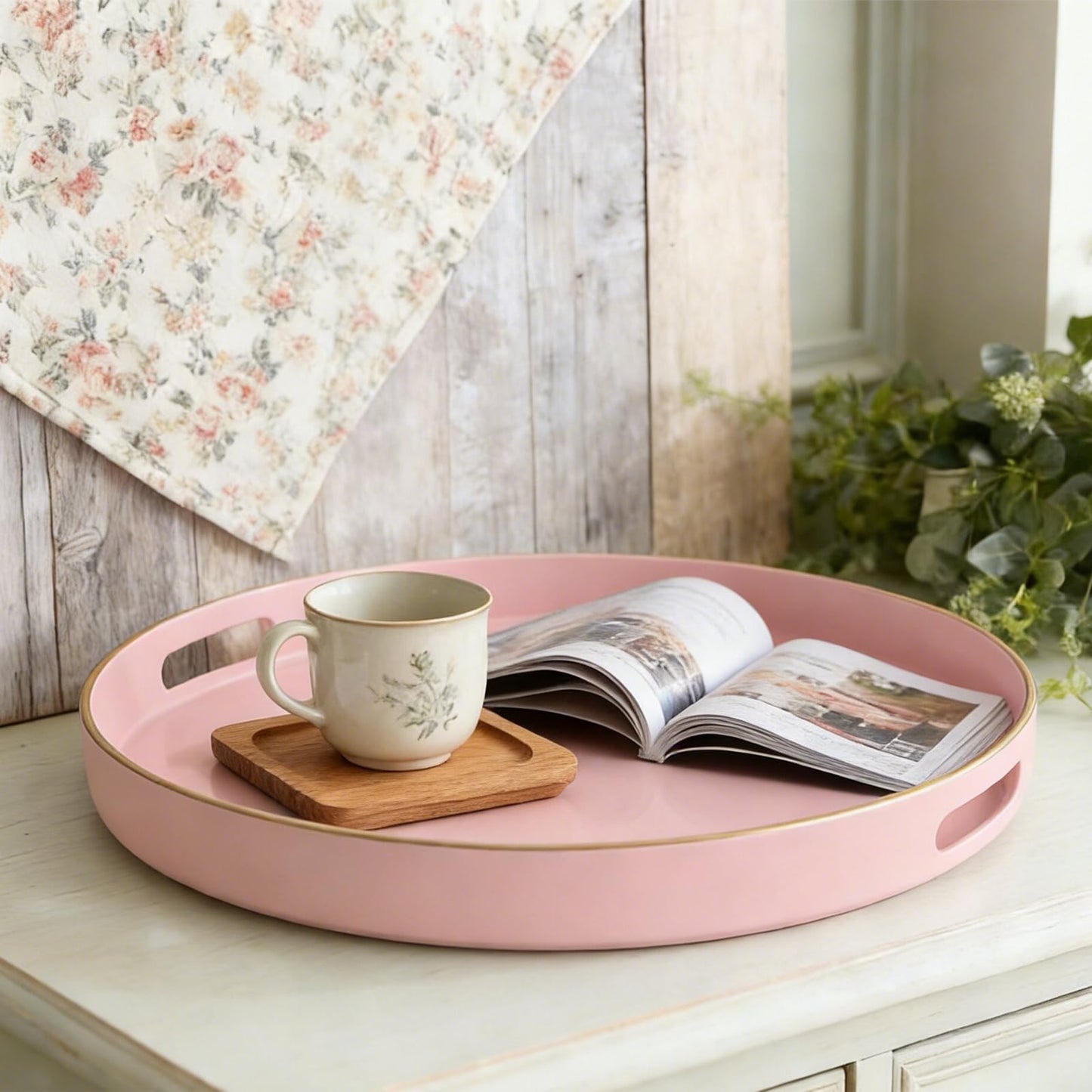 Fuukou Pink Decorative Tray,Elegant Round Plastic Serving Tray with Handles,Round Ottoman Trays Coffee Table Trays for Living Room,Home Decor 13"