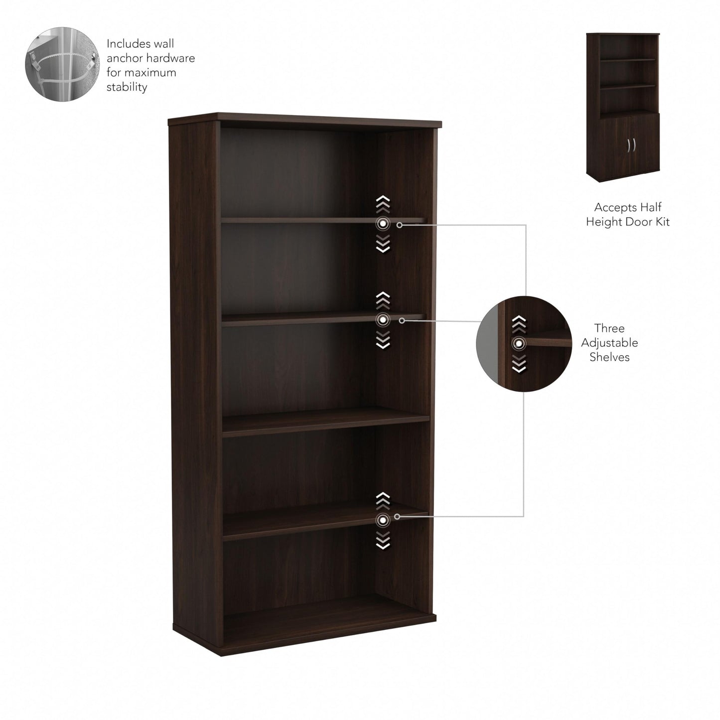 Bush Business Furniture Studio C Tall 5 Shelf Bookcase in Black Walnut, Large Bookshelf for Home or Professional Workplace Organization
