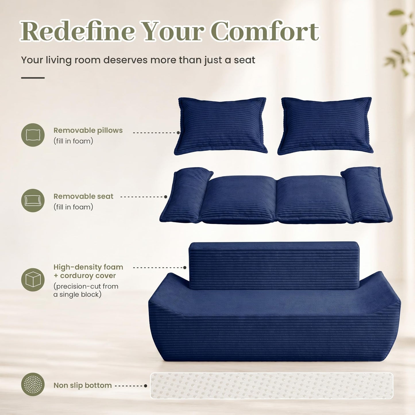 JUIKURY 55" Convertible Corduroy Sofa Bed, Boneless Foldable Loveseat Sleeper Couch, Compressed Foam Floor Sofa with Removable Cushions & Pillows for Small Space Living Room