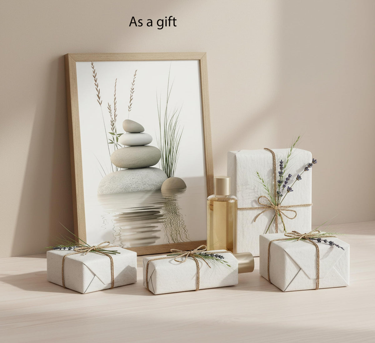 Wooden Frame Zen Stone Canvas Wall Art, Stacked Stones in Water Poster Print. Tranquil Wild Grass Picture for Spa Yoga Meditation Room Bathroom Wall Decor 12x16in Ready to Hang