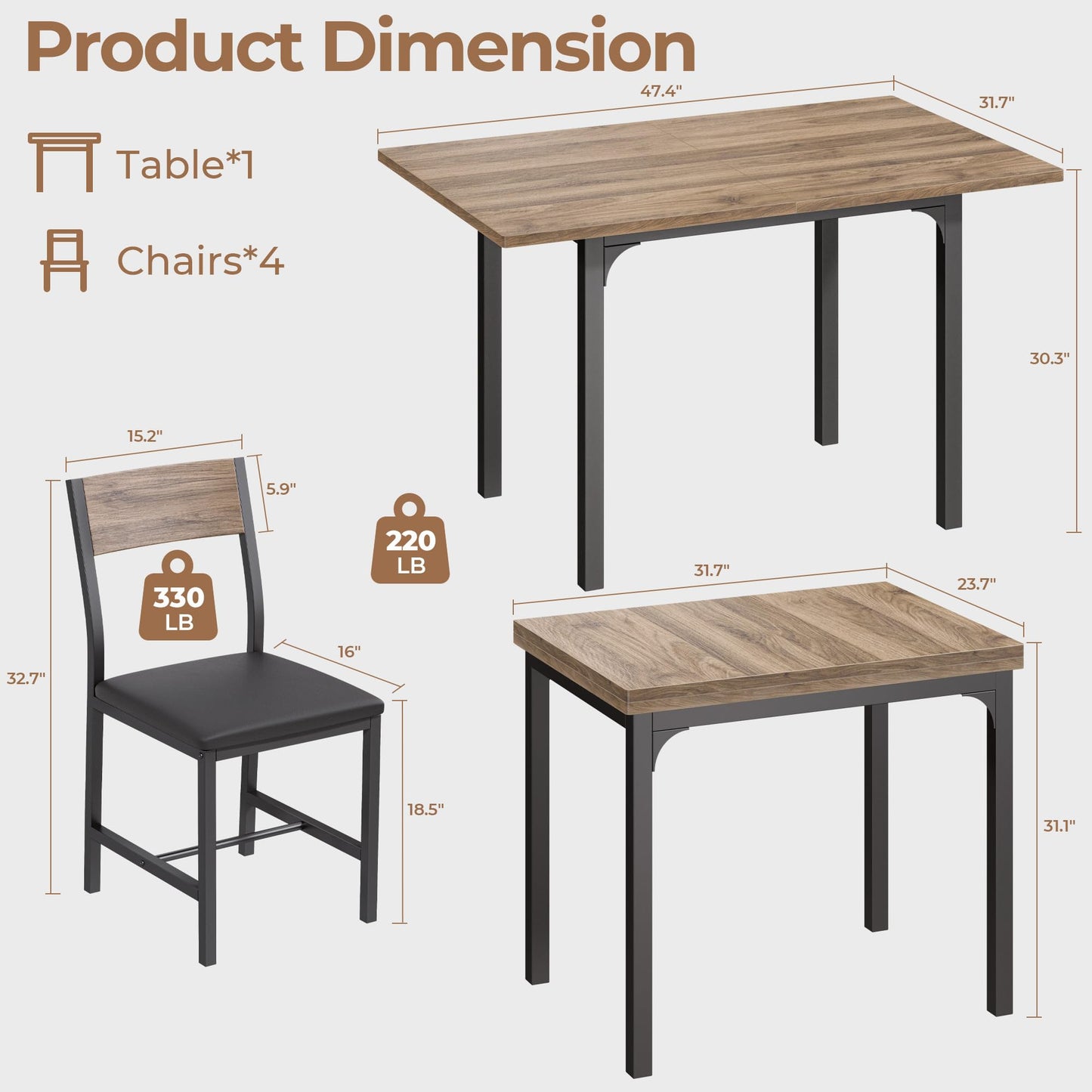IRONCK 5-Piece Dining Table Set for 4, Extendable Kitchen Table Chairs Set of 4, Dining Room Table with 4 Upholstered Chairs, Folding for Small Space, Apartment, Walnut
