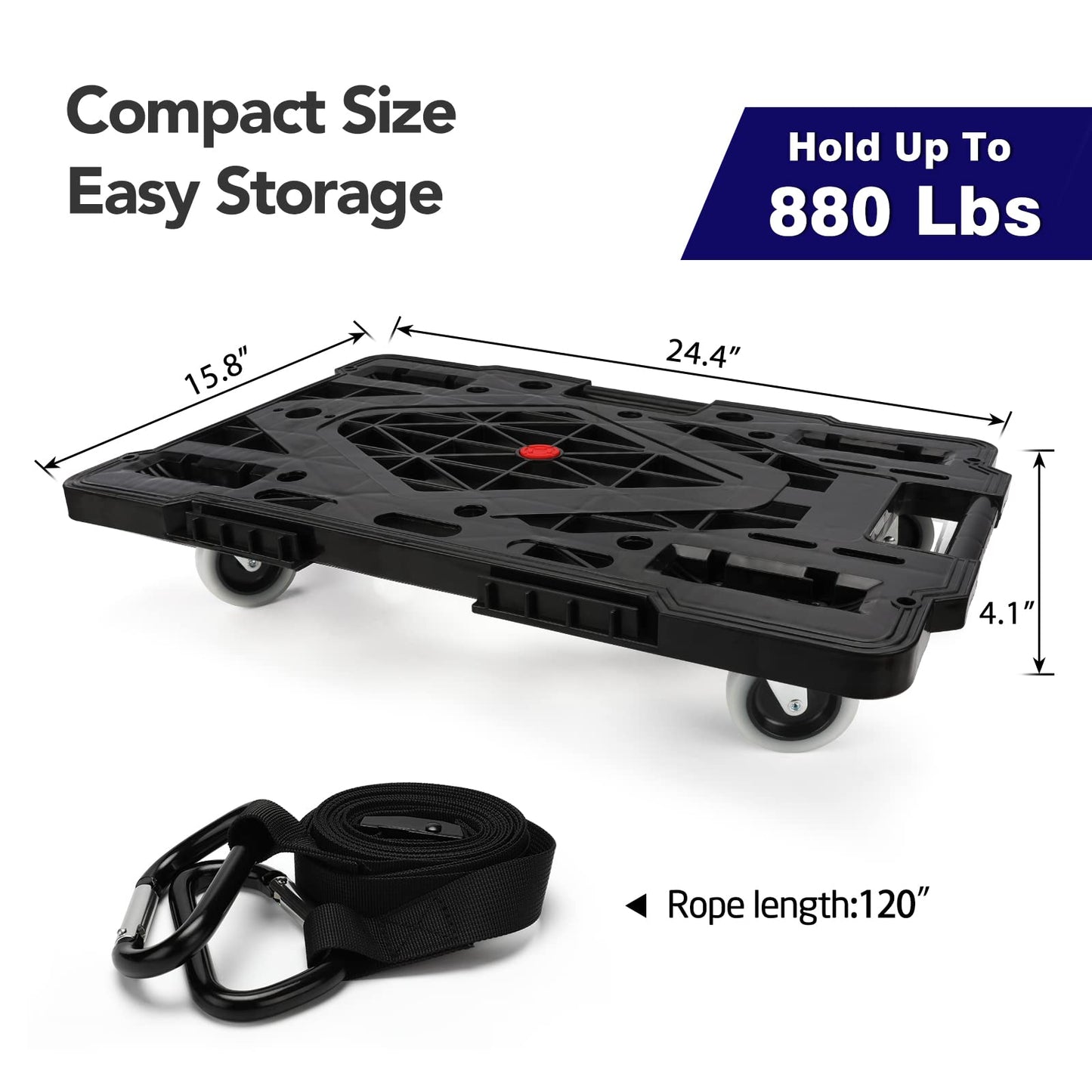 Nellyke Furniture Dolly, 2 Pack Large Flat Furniture Dolly 4 Wheels Heavy Duty, 880Lbs Capacity with 120in Rope, Connectable and Portable Dollies for Heavy Appliance, Black