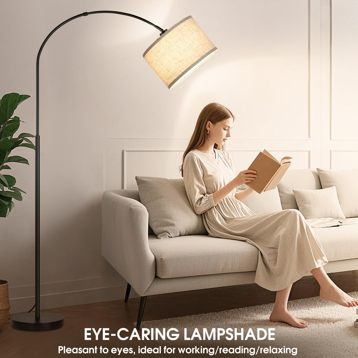 Dimmable Floor Lamp, Arc Floor Lamp with Dimmer, Black Standing Lamp with Adjustable Hanging Shade, Over Couch Tall Reading Light, Modern Pole Lamp for Living Room Bedroom, 9W LED Bulb Included