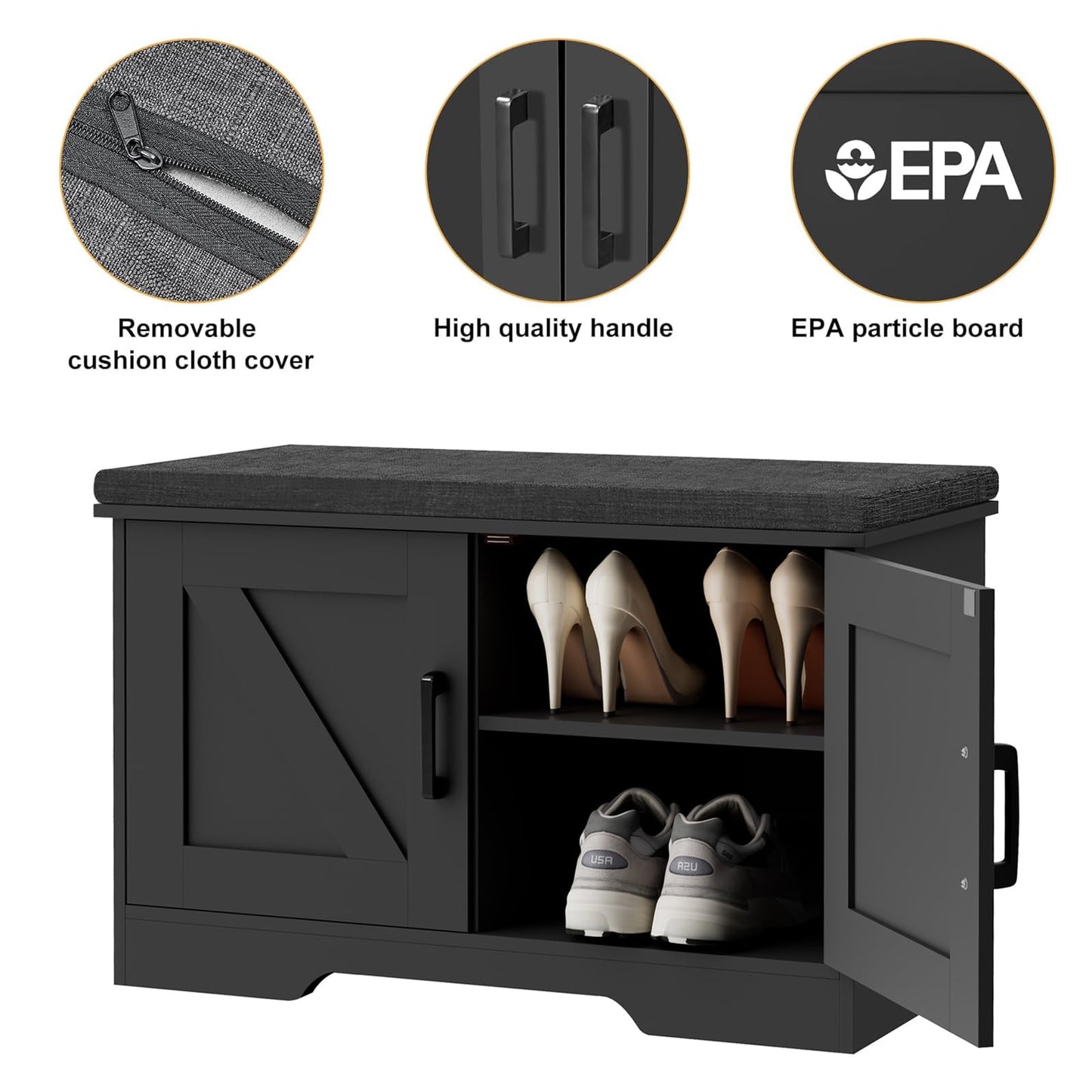 HOMSHO 2-Tier Storage Bench, 27.6" Wide Shoe Bench with Padded Seat Cushion, Entryway Bench with 2 Barn Doors and Adjustable Shelf, Black
