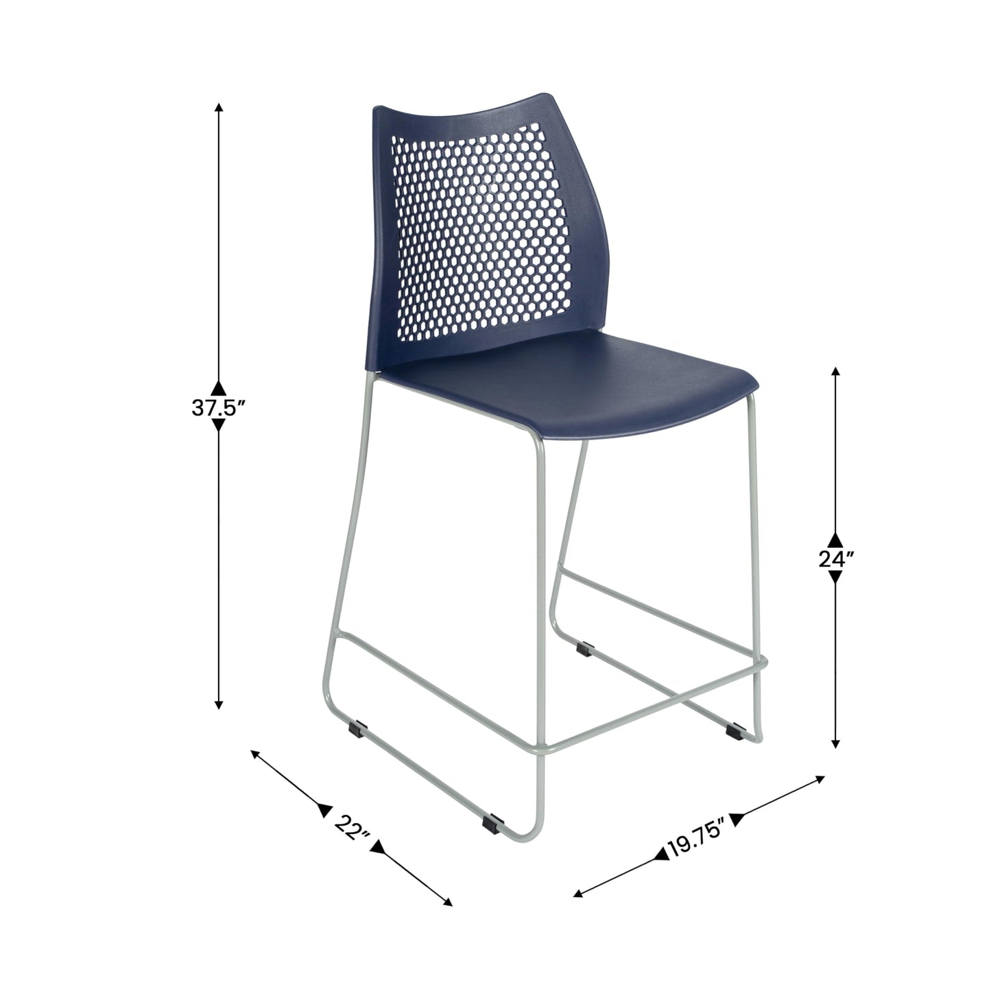 Flash Furniture Hercules Stacking Counter Height Stool with Vented Backrest and Gray Powder Coated Steel Sled Base with Integrated Footrest, Commercial Portable Stool, Set of 3, Navy