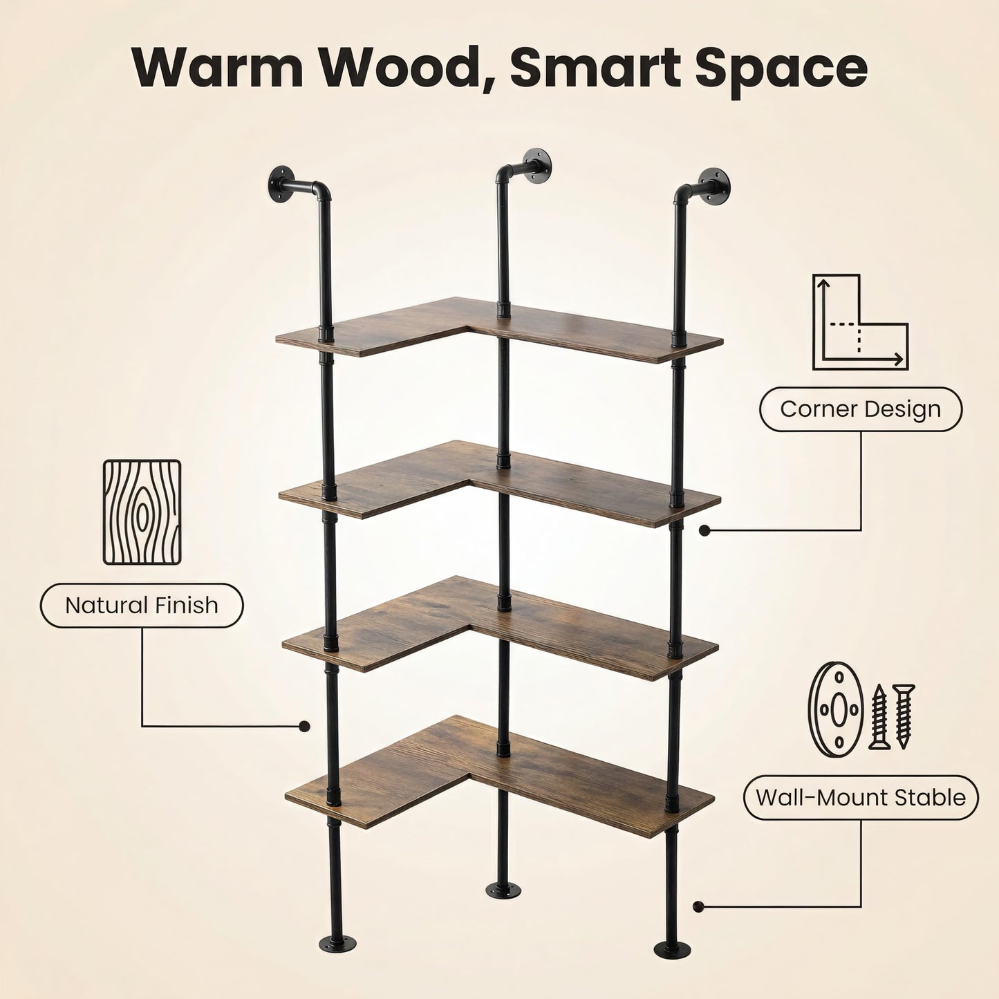 DOFURNILIM Industrial Pipe Corner Bookshelf, Wall Wooden Bookcase with Open Shelves, L Shaped Ladder Pipe Pantry Shelving for Living Room, Bedroom, Home, Office, 4 Tiers