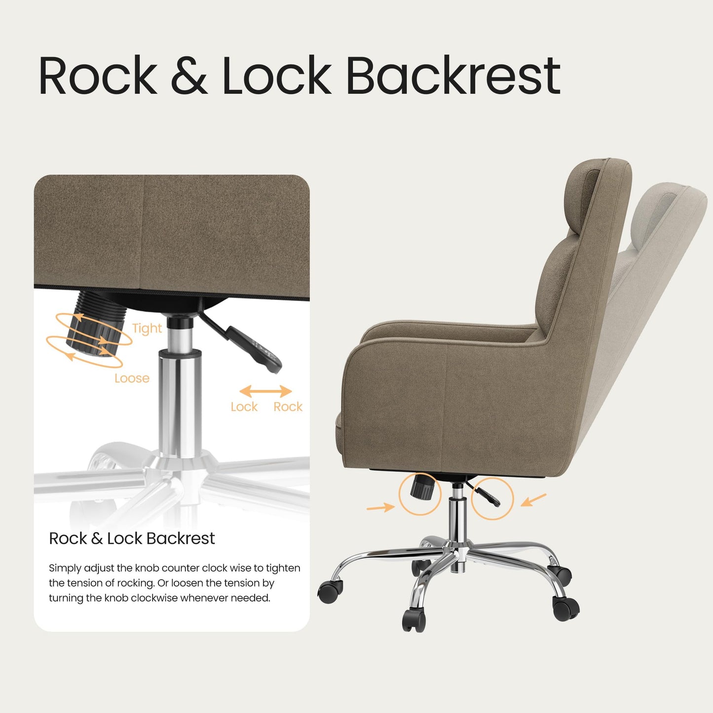 COLAMY Cocoon Modern Executive High Back Home Office Chair, Upholstered Desk Chair with Wheels, Vanity Chair with Head and Lumbar Support, Armrest (Camel)