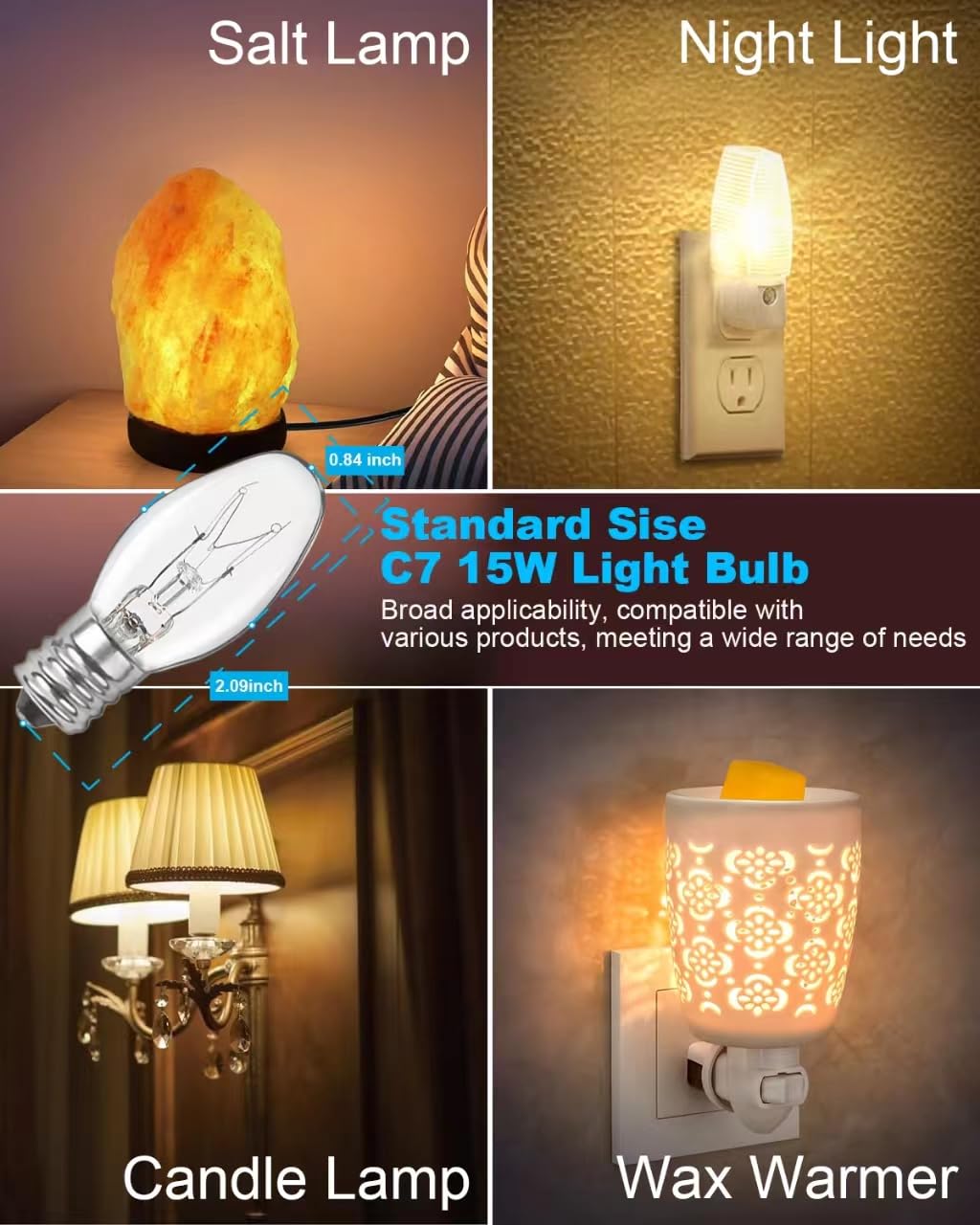 OuuKoo Salt Lamp Bulbs - 15 Watt Light Bulbs for Scentsy Wax Warmer - C7 Replacement Bulbs for Plug in Wax Diffuser- Warmwhite - Dimmable,15 Packs