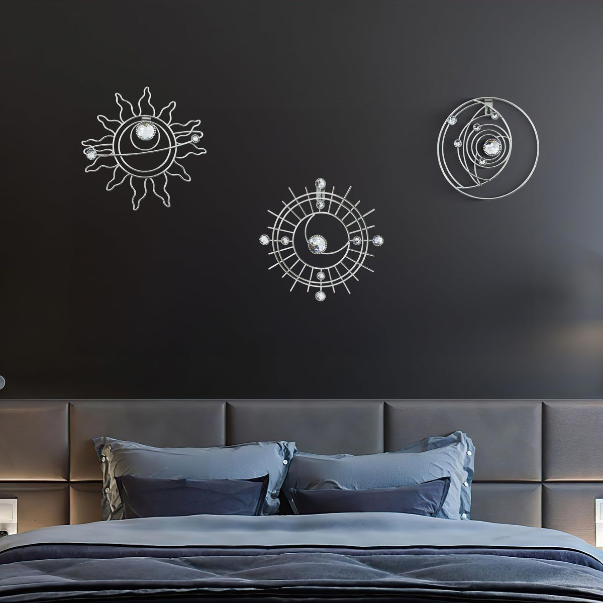 Silver Metal Wall Art, Abstract Sun Moon Star Decor, Handmade Wall Decor