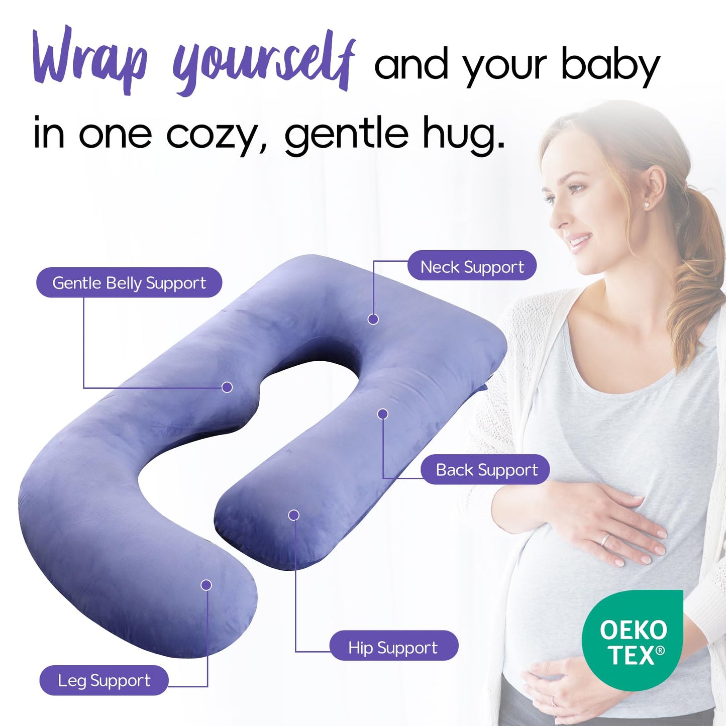 EZMOM Pregnancy Pillow for Sleeping, Soft 57“ Full Body Maternity Pillow, U Shaped with Removable Washable Cover, Support for Back, Belly, Leg, Hip, Neck & Shoulder, Purple
