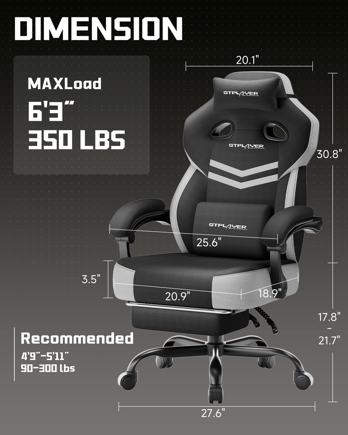 GTPLAYER Big & Tall Gaming Chair, 90°-155° Adjustable Reclining Office Seat with Footrest, Ergonomic Comfy Computer Desk Chair for Adults, Home Office Gaming Study Use, Black & LightGray