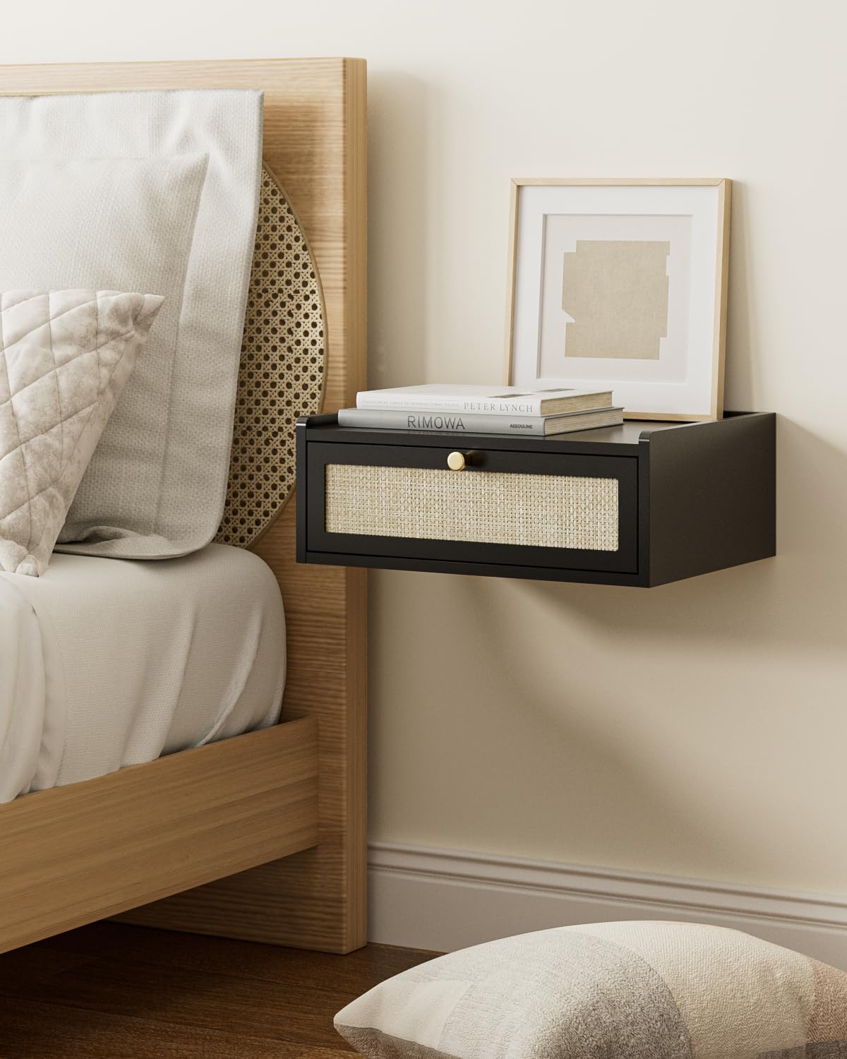 AEPOALUA Floating Nightstand,Wall Mounted Night Stand with Drawer,Small Floating Shelves,Floating Wood Bedside Table for Bedroom、Living Room、Bathroom (Bohemian, Black.)