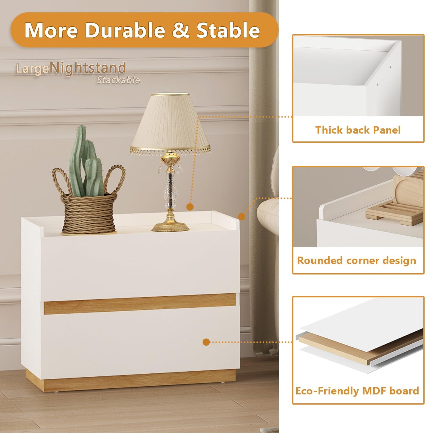 DAELIFKER Large Modern Nightstand White Bedside Table, 2 Drawer Dresser Wood Stackable Storage Drawers for Clothes for Closet, Bedroom, 24"x16"x20"