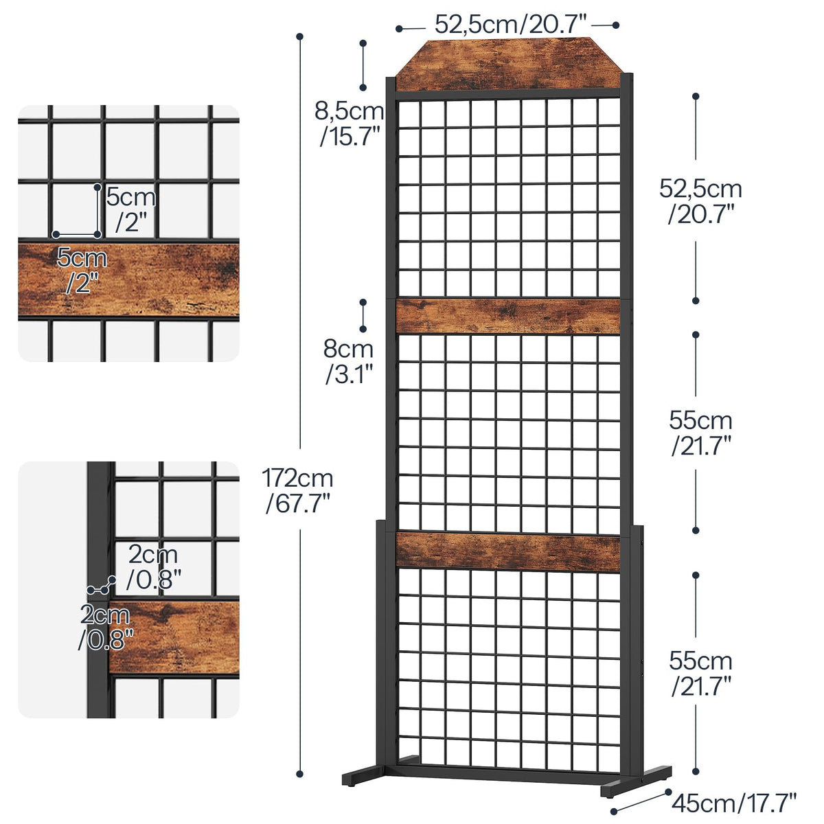 HOOBRO Gridwall Panel units 5.6' x 1.7' Ft Grid Display Rack, Gridwall Panel Display Stands with 5 Garment Hooks & 5 S-Hooks, Wire Grid Display Rack, for Retail Show, Rustic Brown and Black BF45DC01
