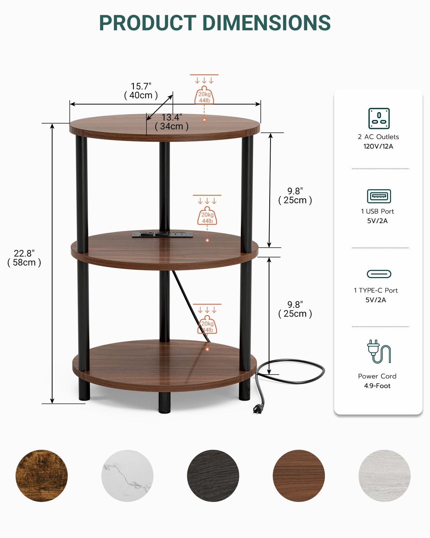 RISWER Small Round Side Table - 3-Tier Oval Accent Table for Small Spaces, Rustic Wood and Metal Nightstand for Living Room or Bedroom, with Built-in USB Ports and Power Outlet, Rustic Walnut