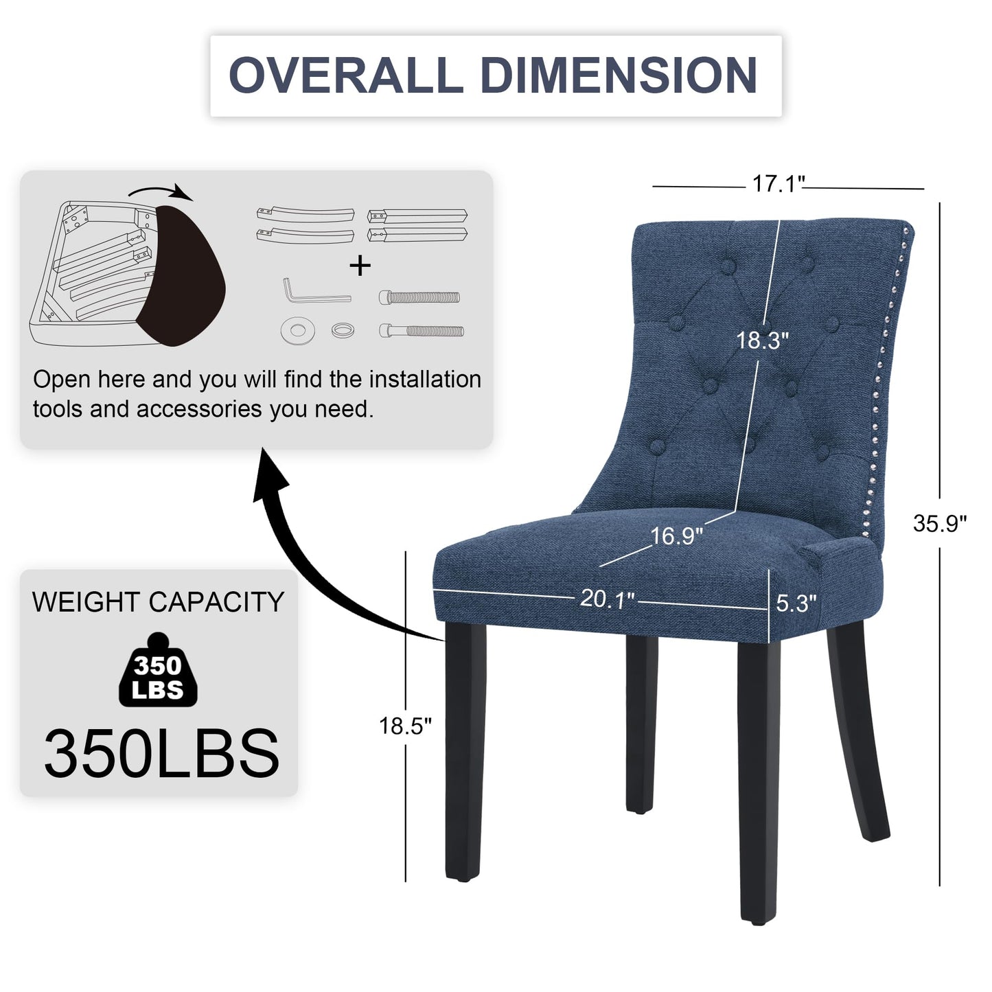UDAX Upholstered Tufted Dining Chairs Set of 4, Fabric Side Dining Room Chairs with Nailhead Back Ring Pull Trim Solid Wood Legs, Dark Blue