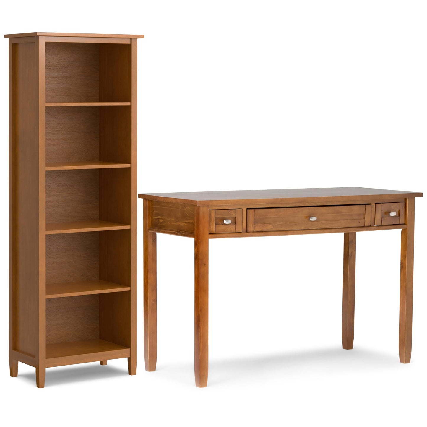 SIMPLIHOME Warm Shaker Desk and Bookcase Bundle - 48 inch Wide Solid Wood Transitional Desk with Drawers and 26 inch Wide 5-Shelf Bookcase in Light Golden Brown, Home Office Furniture (Set of 2)