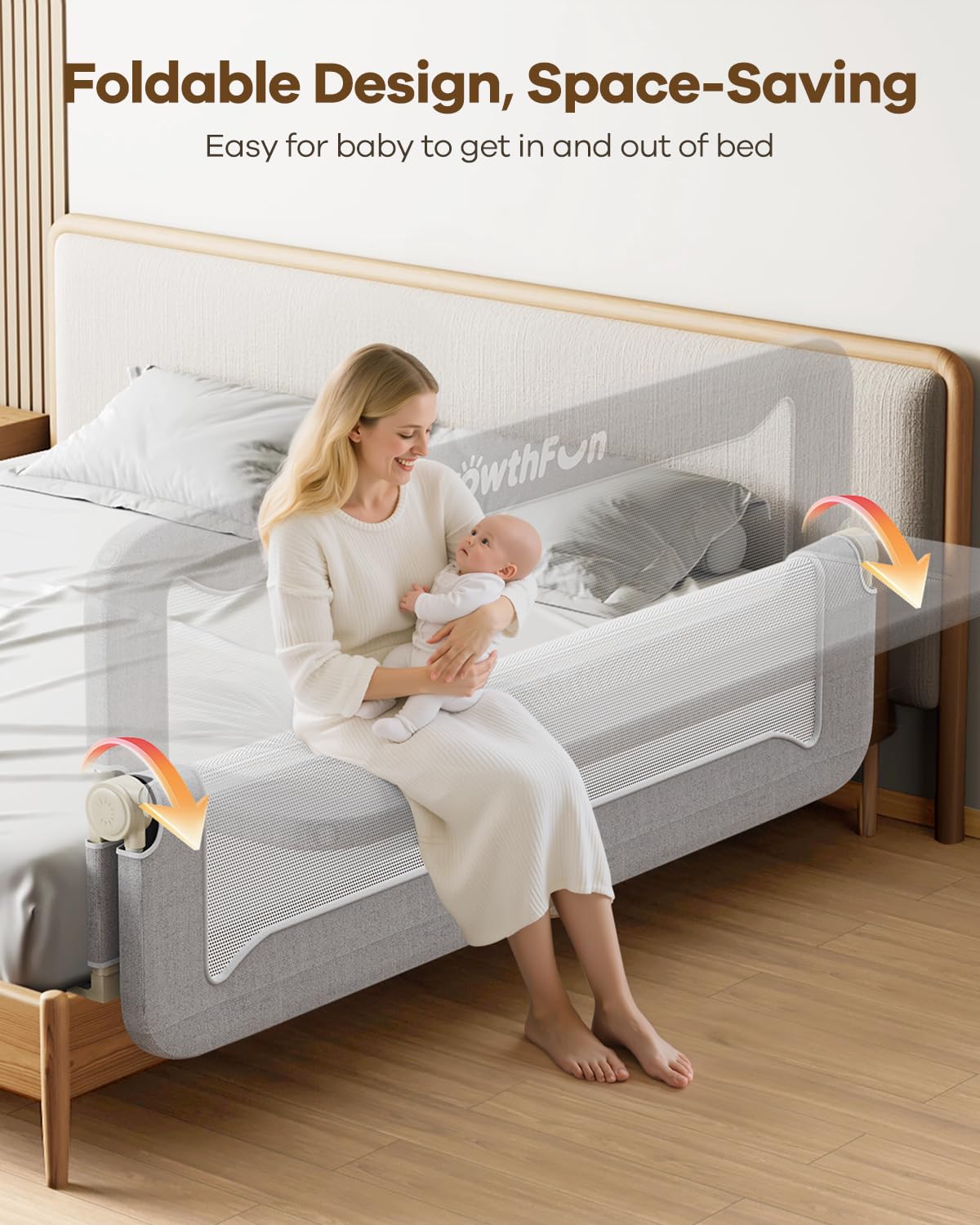 GrowthFun Foldable Bed Rail for Toddlers, 71in Reinforced Carbon Steel Frame&Connectors, Breathable Cationic Fabric - Safety Toddler Bed Rails for Queen, King, Twin, Full, No-Tool Setup.