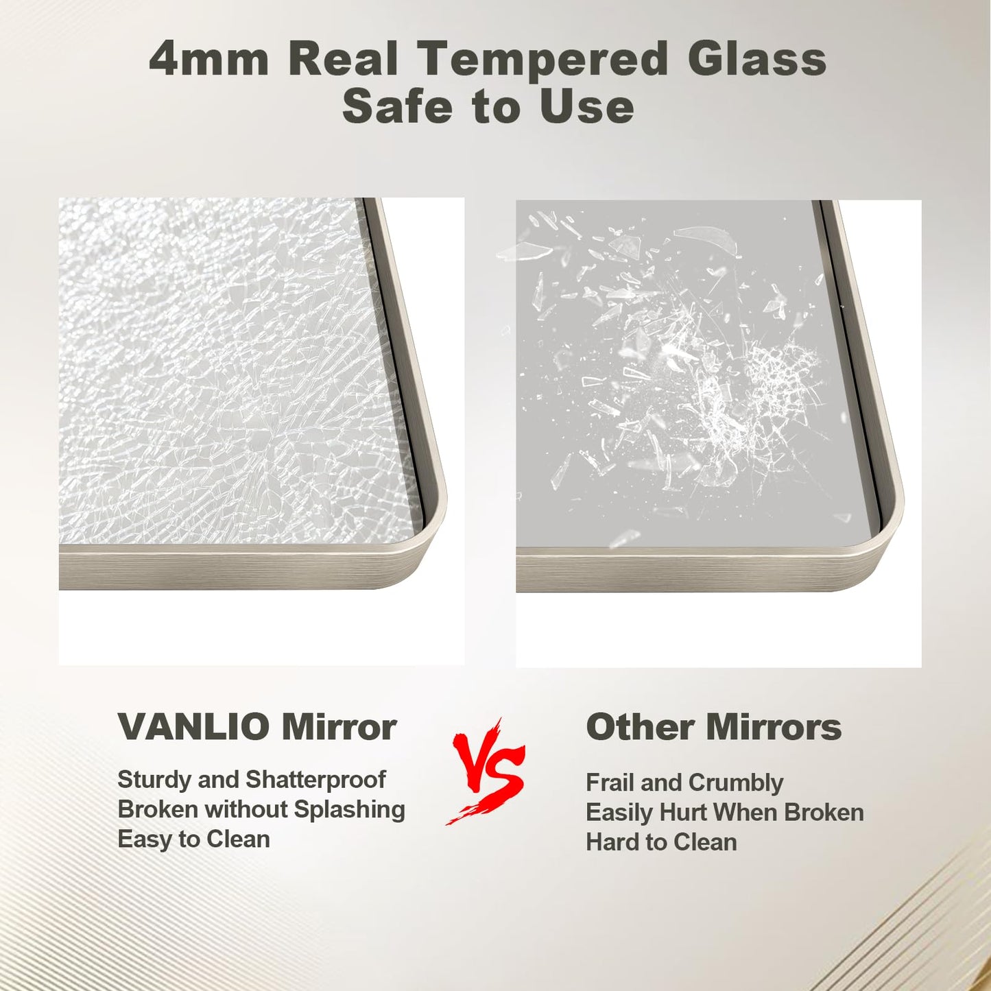 VANLIO 28x36 Inch Brushed Nickel Bathroom Mirror, Brushed Silver Metal Framed Wall Mirror, Rounded Rectangle Bathroom Vanity Mirror, Anti-Rust, Shatterproof (Horizontal/Vertical)