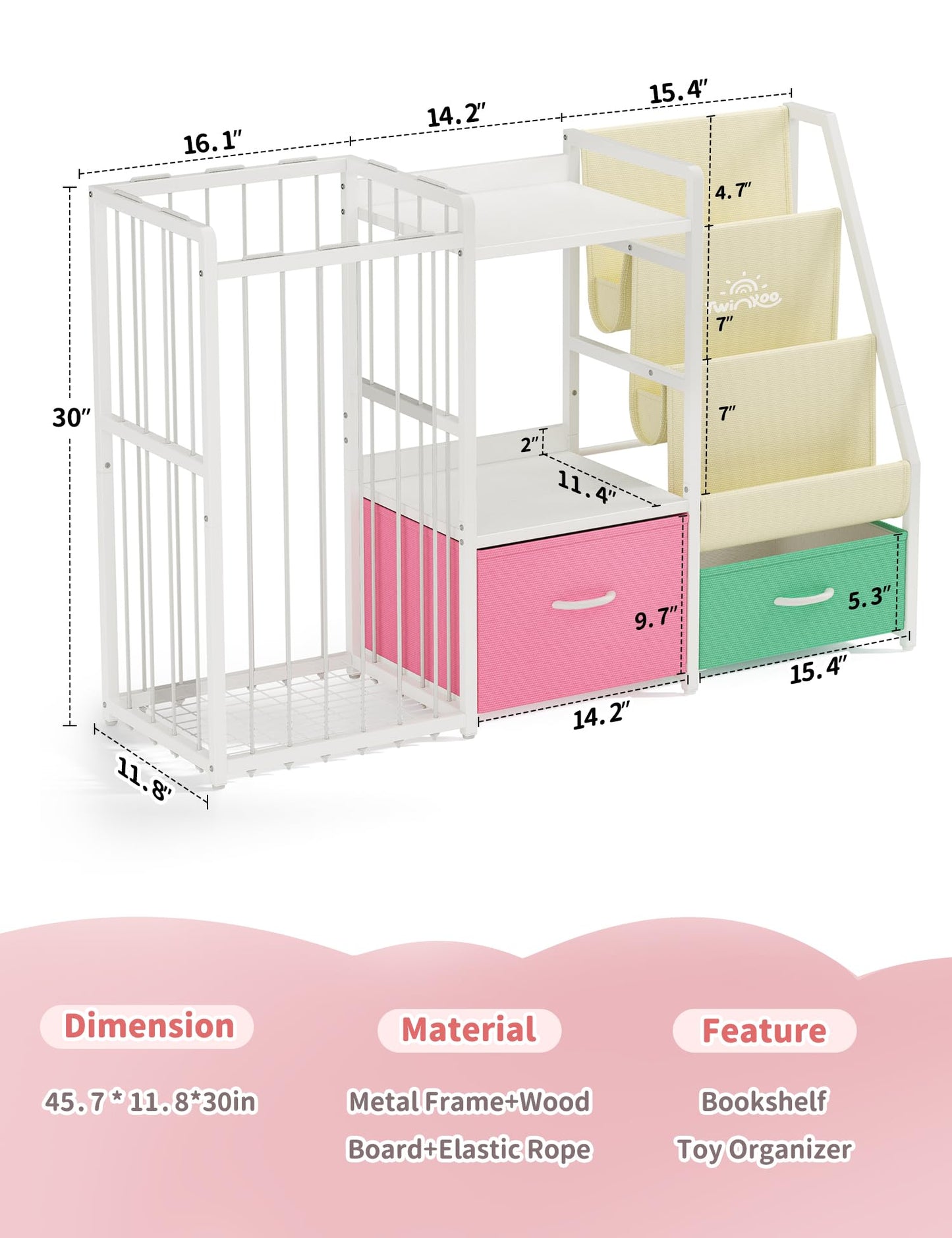 Twinkoo Kids Bookshelf and Toy Storage, Large 3 Tier Book Shelf for Kids Rooms, Sling Baby Bookcase with Stuffed Animal Storage, Toddler Montessori Bookshelf (Pink&Green, 3 Column)