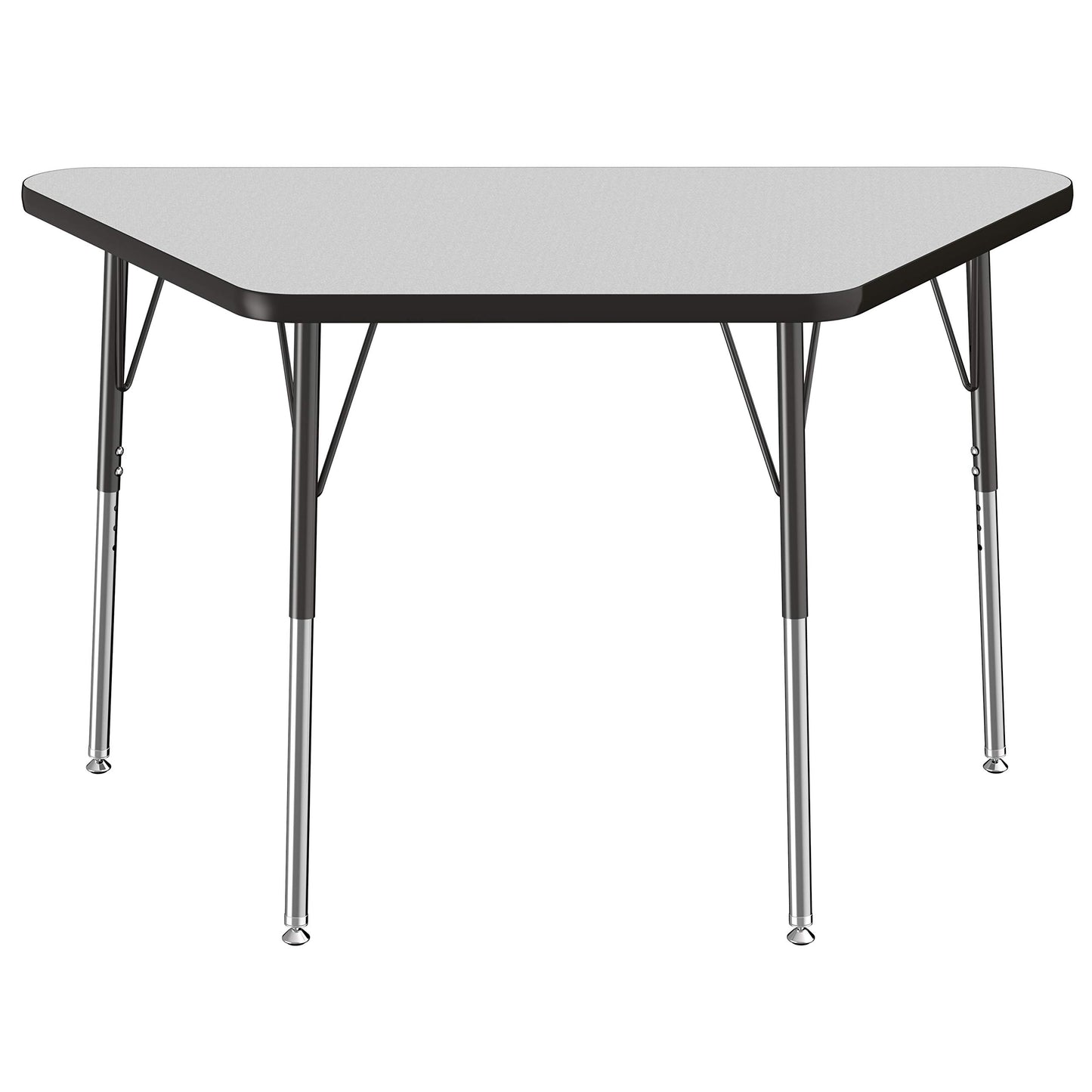 FDP Trapezoid Activity School and Office Table (24 x 48 inch), Standard Legs with Swivel Glides for Collaborative Seating Environments, Adjustable Height 19-30 inches - Gray Top and Black Edge