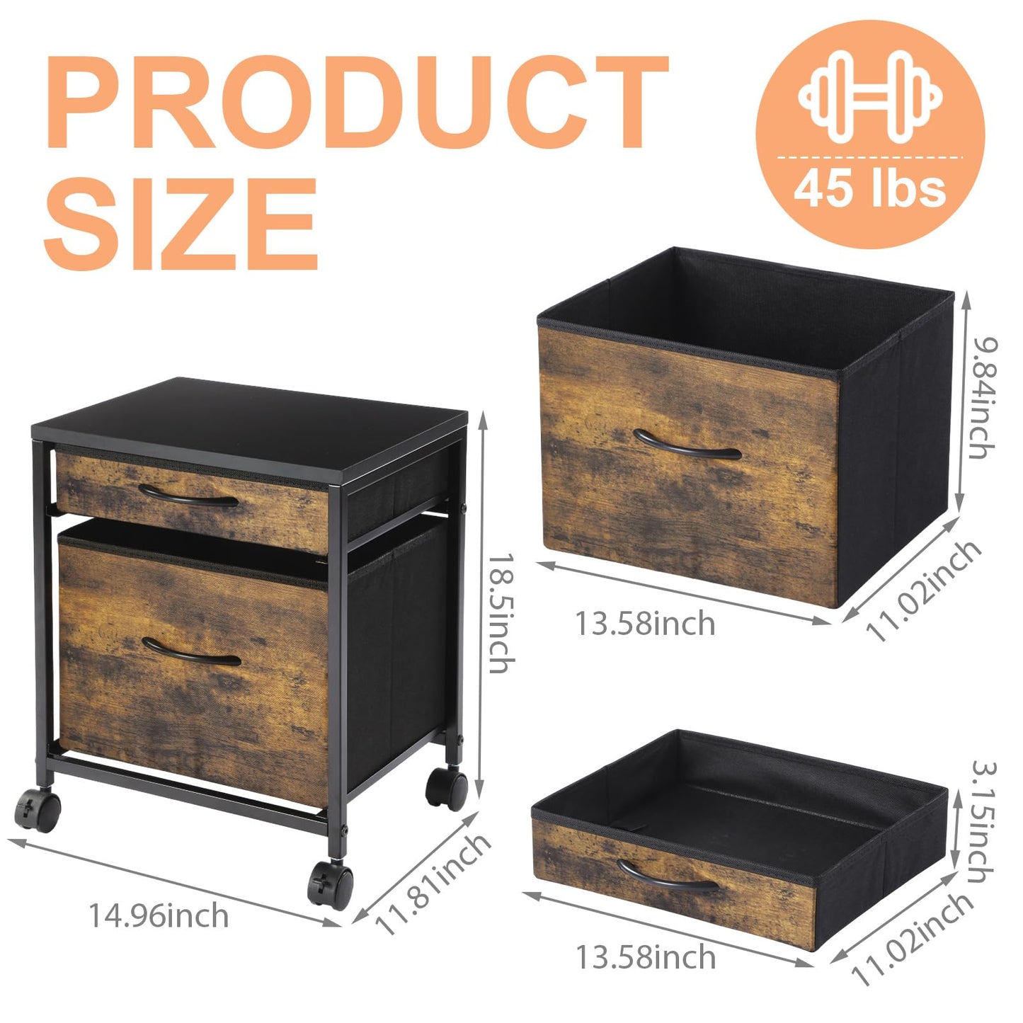 AceOrbit Rolling Mobile File Cabinet Cart with 2 Fabric Drawers A4 Letter Size Beside, Vertical Filing Cabinet on Lockable Wheels, Mobile Printer Stand Storage Under Desk for Home Office(Rustic Brown)