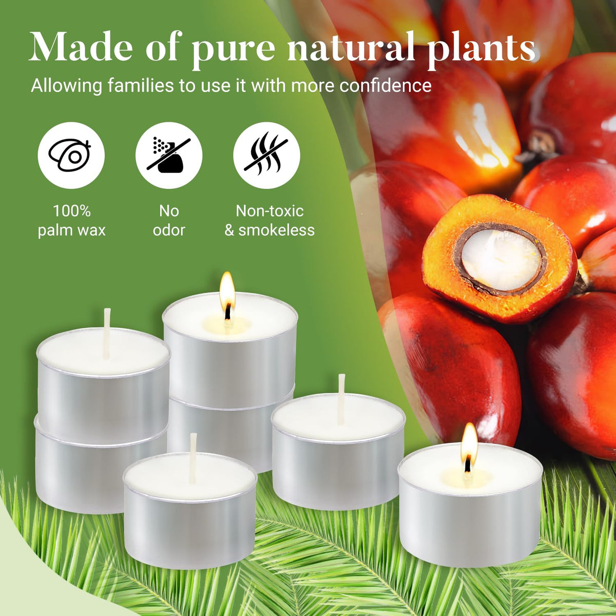 Unscented Tea Lights Candles 100 Pack,6 Hours Long Burning White Tea Candles Bulk,Non-Paraffin, Clean Burn, Smokeless, Palm Tealight Candles for Wedding,Centerpiece,Christmas Lights,Home Decor