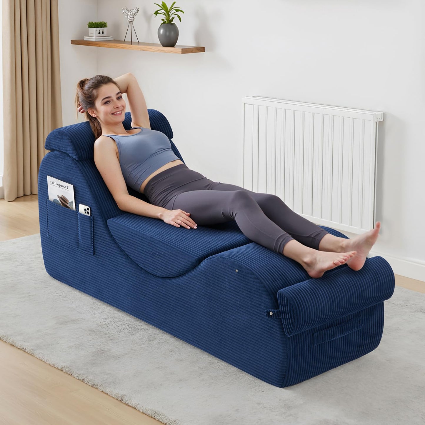 Yoga Chairs for Adults, Ergonomic Chaise Lounge Chair Indoor with Side Pocket, Lumbar Pillow, Ottoman, Yoga Chair Perfect for Stretching, Relaxation, Exercise, Used in Bedroom, Living Room（Blue）