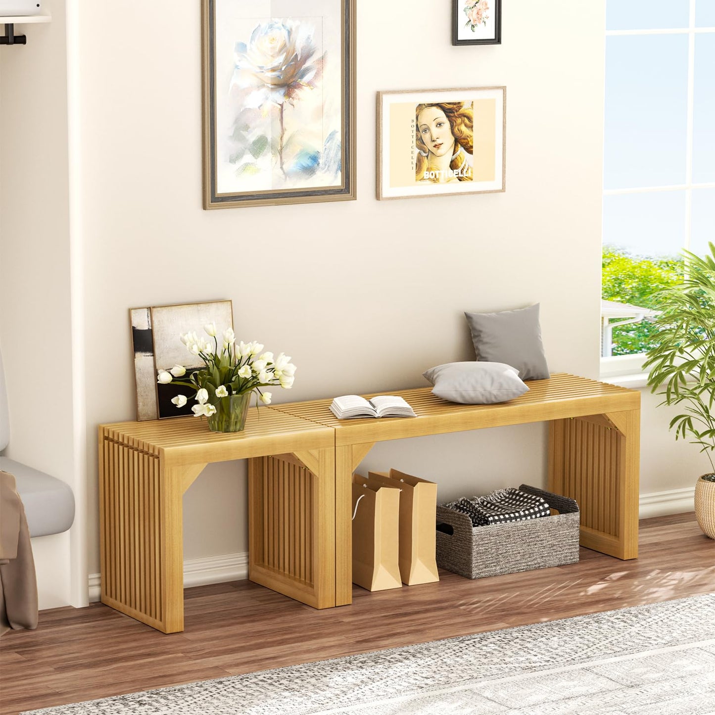 MODCART 35" Solid Wood Bench, Nature Entryway Bench with Storage for Entryway, Living Room, Kitchen