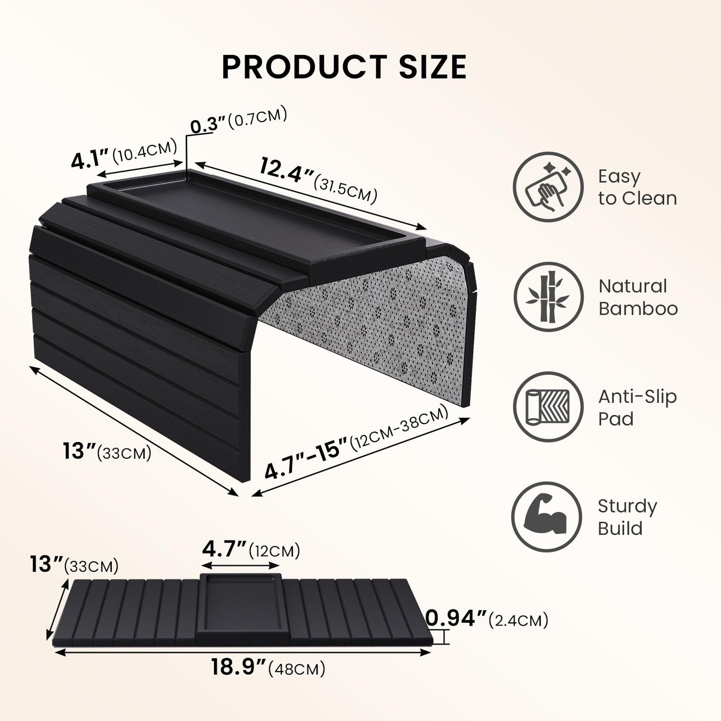 Danfoxer Sofa Arm Tray,Bamboo Folding Couch Arm Tray,Sofa Armrest Trays with Anti-Slip Pad for Drinks,Snacks,Phone,Remote Control（Black）