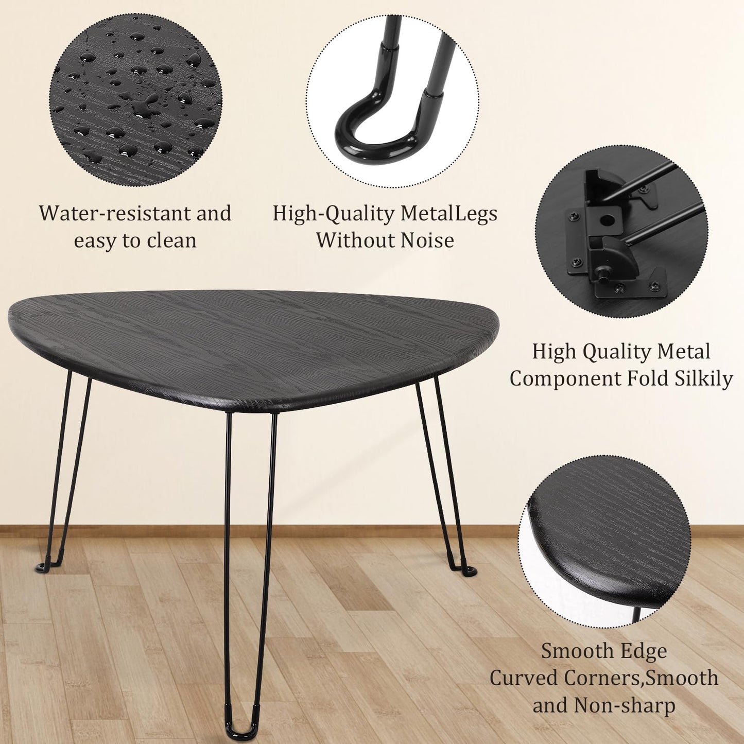 Black Folding Coffee Table Wooden Triangle Floor Table Desk for Sitting on The Floor Coffee Tables Small Oval Coffee Table Mid Century Modern Center Sofa Table for Living Room Home Office