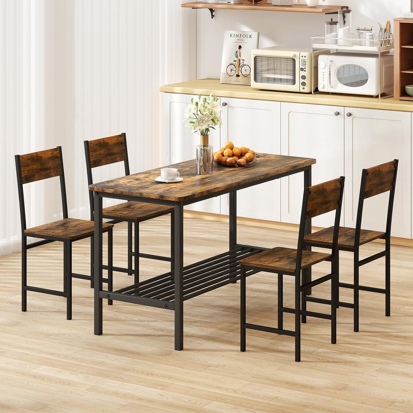 COSTWAY Dining Chairs Set of 4, Rustic Wood & Metal Frame Industrial Farmhouse Armless Side Chairs with Wide Comfy Seat & Slanted High Back for Dining Room, Kitchen, Home, Restaurant