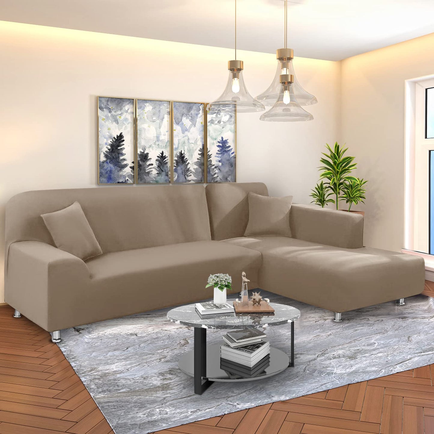 NAISI Couch Cover L Shape 2 Pieces Sofa Cover Soft Stretch Slipcovers with 2pcs Pillowcases Furniture Protector Sectional Couch Covers 3 Seater + 3 Seater(Tan)