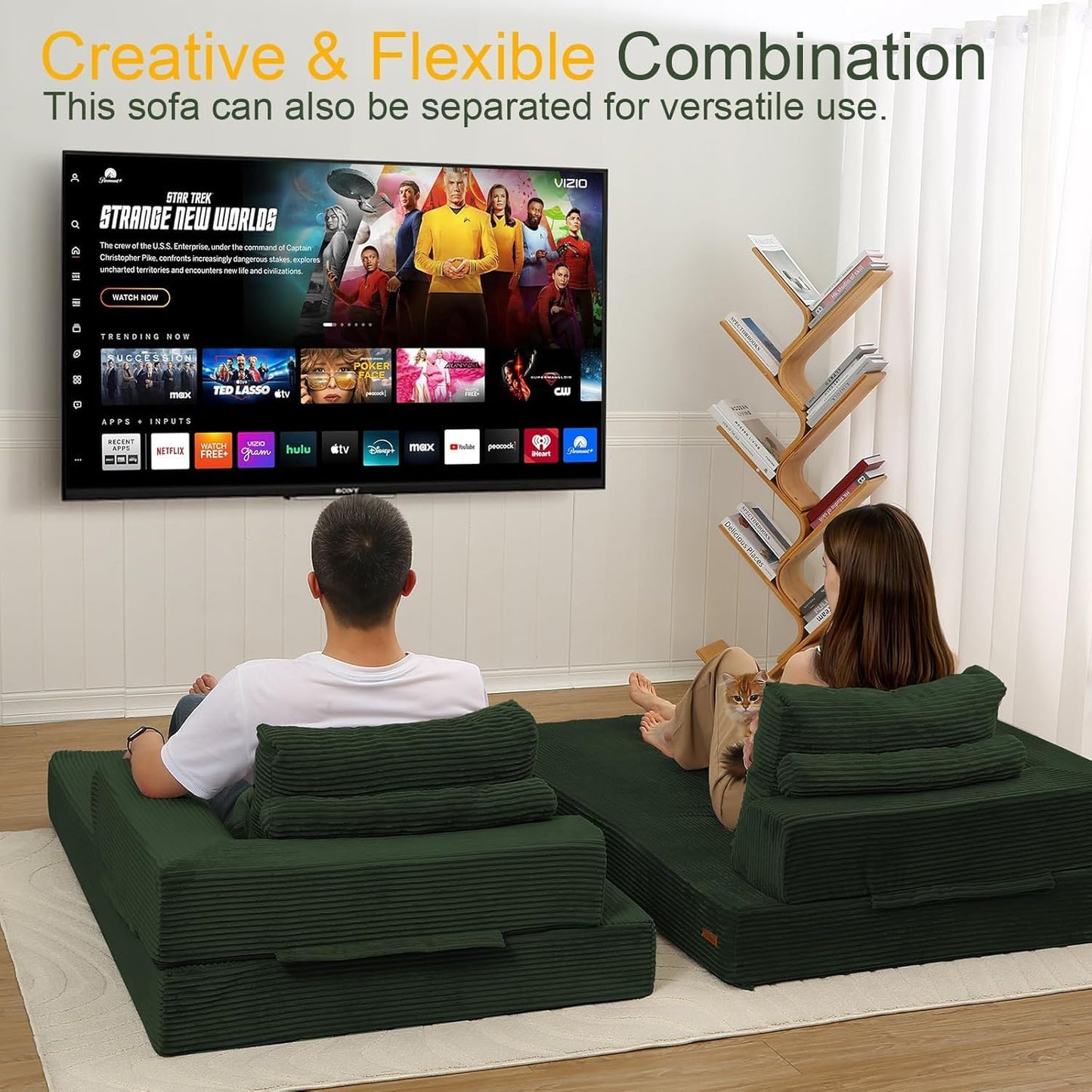 COMAX Convertible Sofa Bed, Folding Floor Couch Corduroy Fold Out Couch Bed Futon Sleeper Mattress with Pillows, Boneless Sofa Comfy Lounge Loveseat for Living Room Bedroom, Green