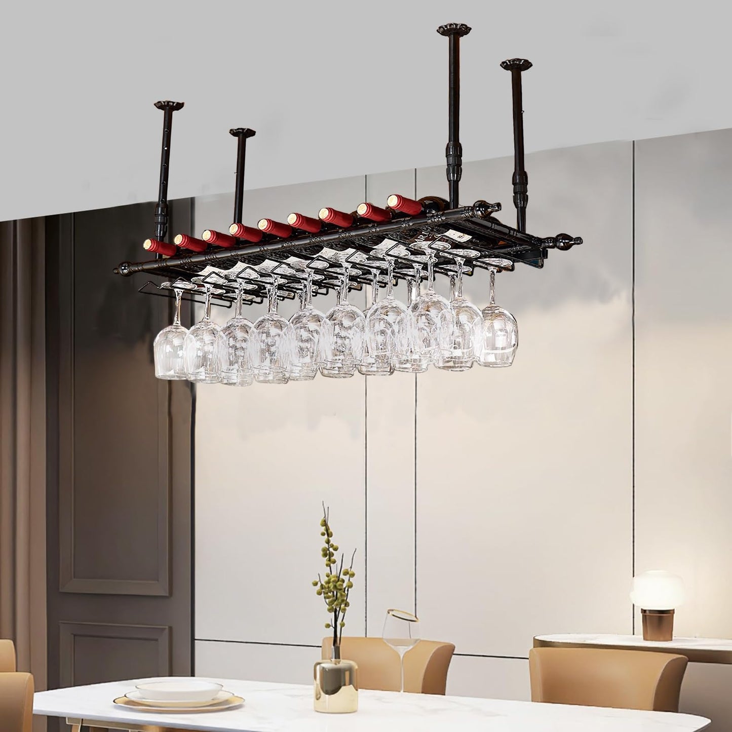 BELELUCKY Wine Rack Wall Mounted with Glass Holder,Metal Hanging Bar Wine Glass Rack Ceiling,Ceiling Bars Shelf,Height Adjustable Liquor Bottle Display Shelf for Bar Cafe Kitchen (Color : Bl