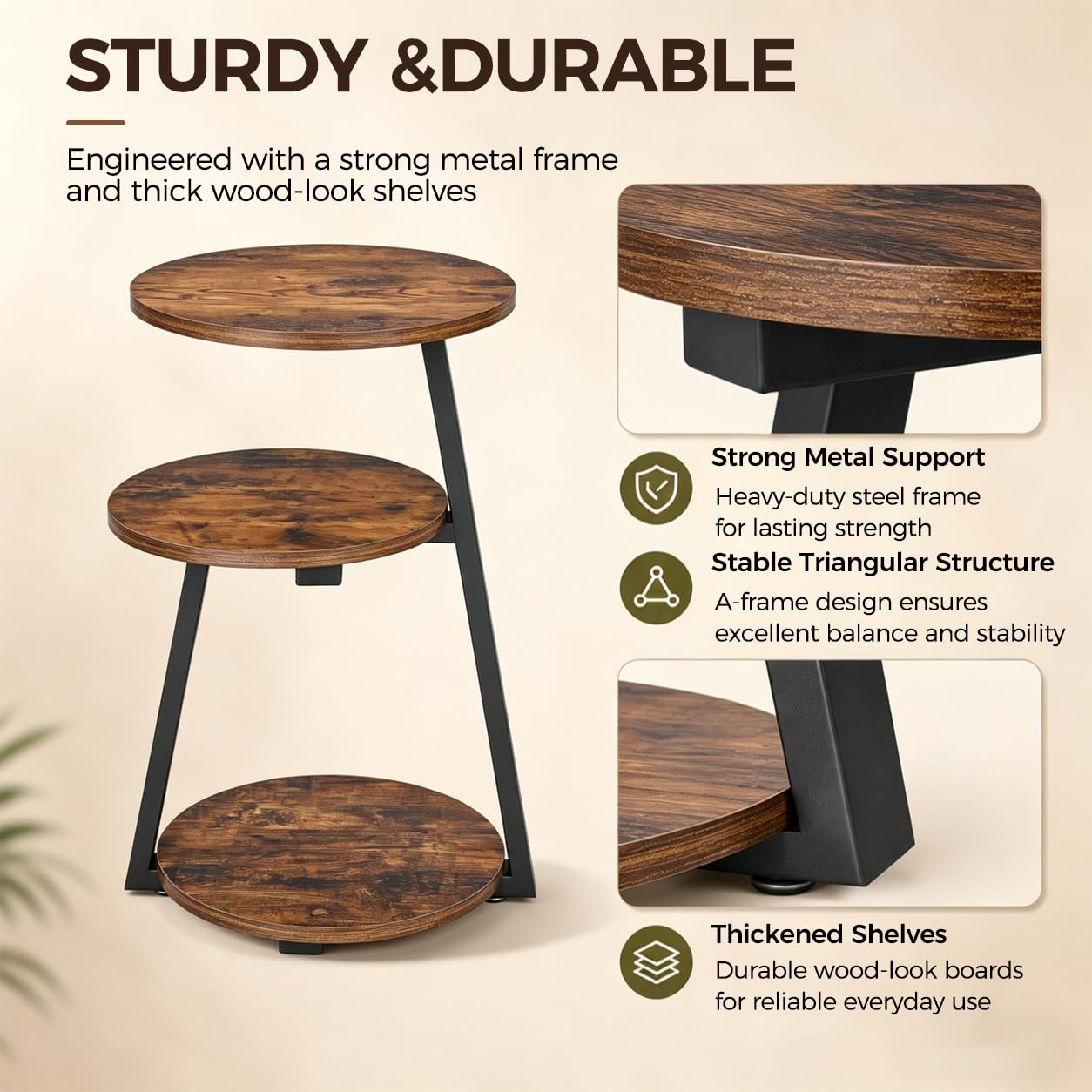 BEWISHOME Round Side Table, 3-Tier End Table, Nightstand with Metal Frame, Vintage Accent Table for Small Spaces with Storage Shelf, Living Room, Bedroom, Brown, 15.35"L x 13.78"W x 23.62"H, KTZ41Z