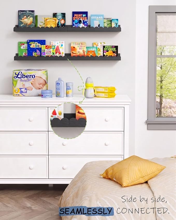 Harwaya Black Floating Nursery Wall Book Shelves Set of 4, Scalloped Shelves