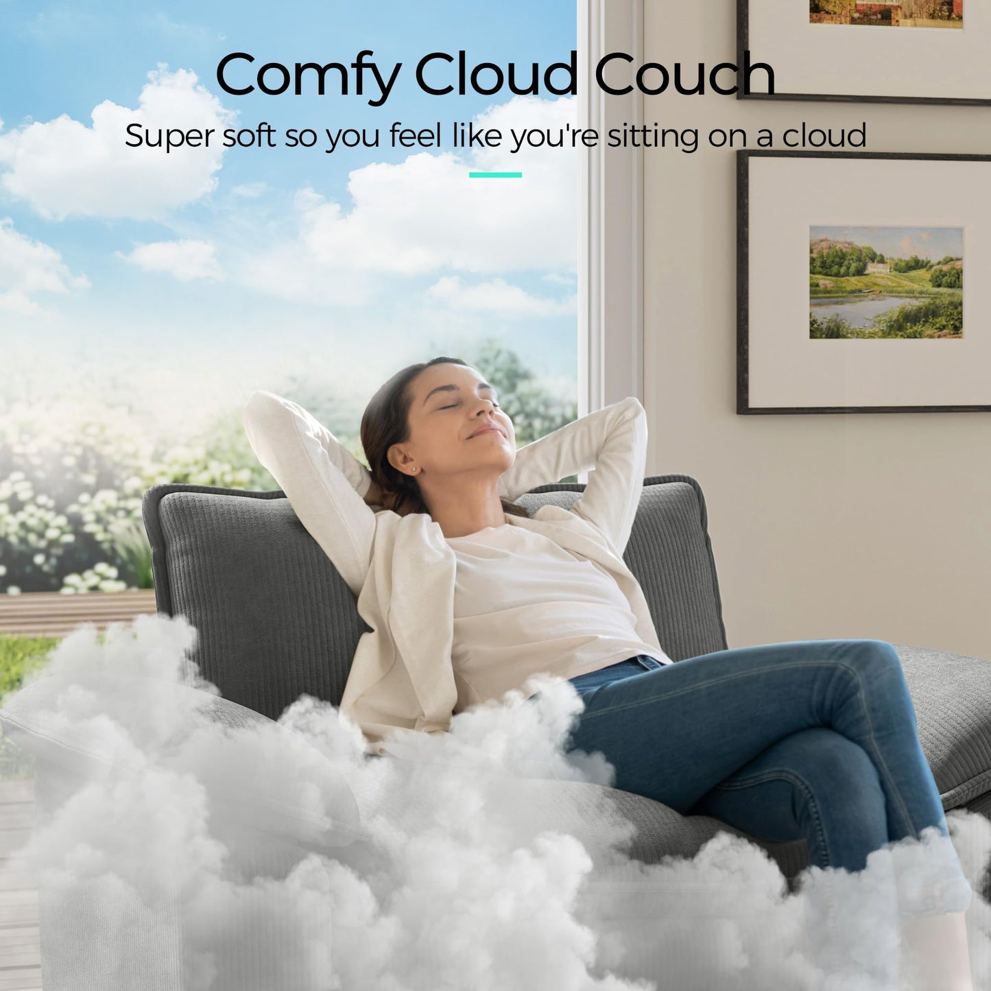 LINSY HOME 123" Modular L-Shaped Sectional Sofa, 3-Seat Corduroy Modern Cloud Couch with Deep Seat & 1 Movable Ottoman, Perfect for Living Room, Office, Bedroom, Grey