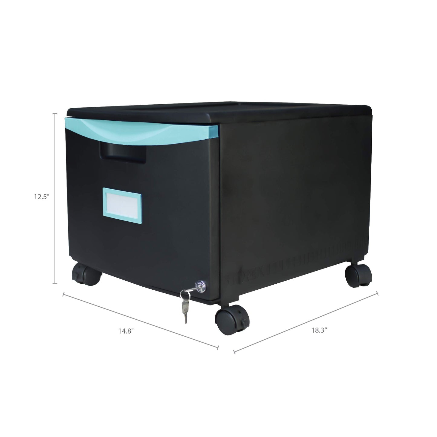 Storex Plastic One-Drawer File Cabinet – Locking Document Organizer with Casters for Home and Office, Black/Teal, 1-Pack (61270A01C)