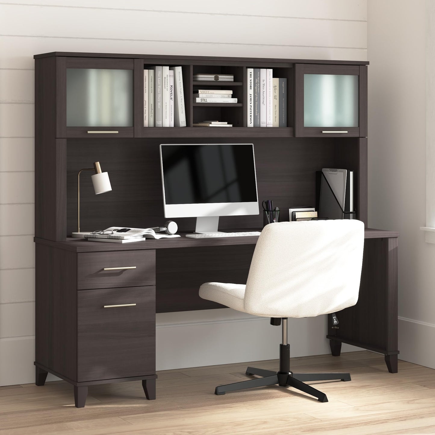 Bush Home 72-Inch Office Desk with Drawers and Hutch, Computer Desk with File and Box Drawers, Shelves and Storage Cabinet, Home Office Workstation, Somerset Collection, Storm Gray